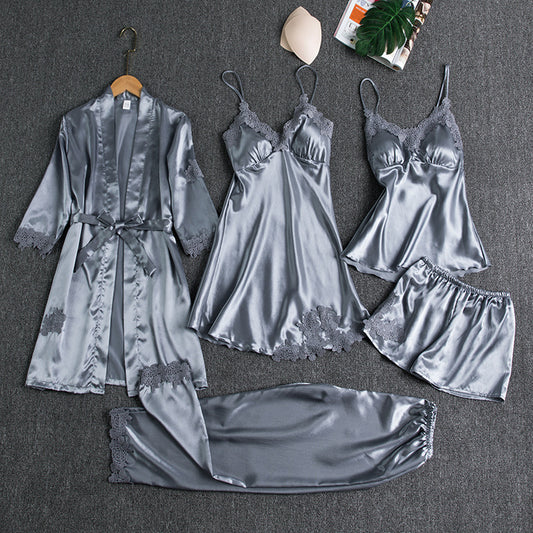 Silk-Blend Thin Strap Pajama Set with Bra Cup for Women - 5 Piece Set