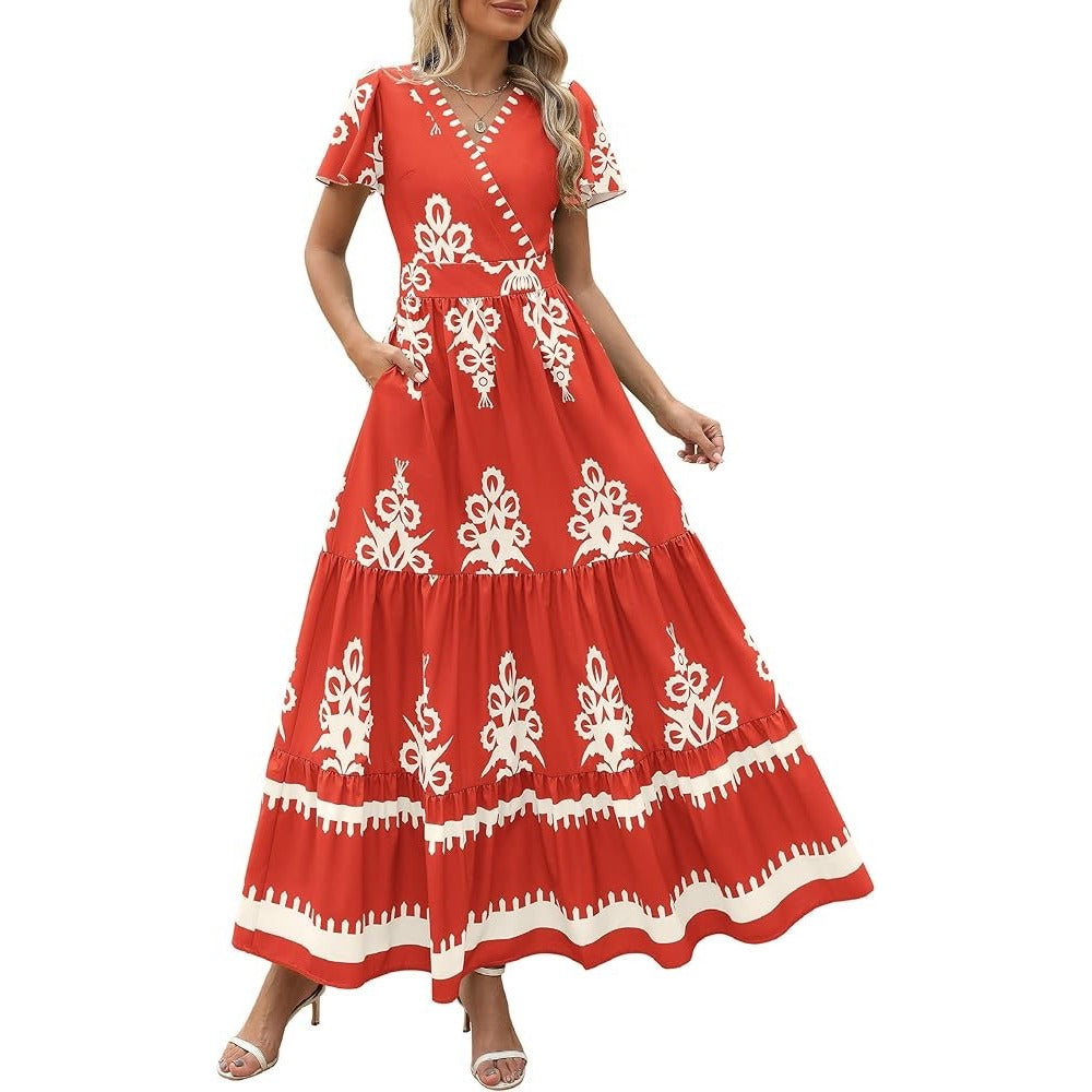 New V-neck Bohemian Flowing Flared Sleeve Layered Printed Dress