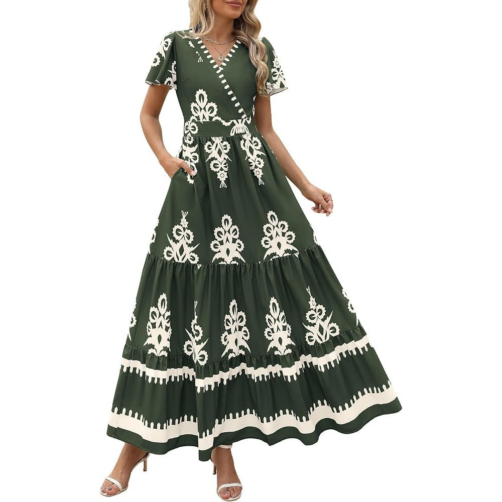New V-neck Bohemian Flowing Flared Sleeve Layered Printed Dress