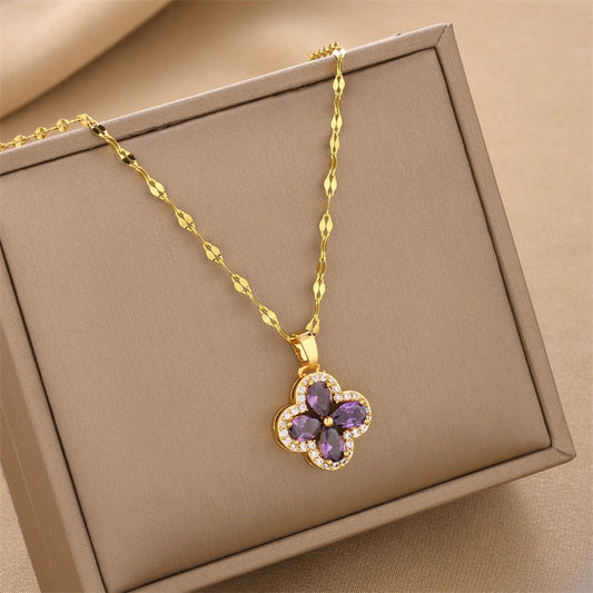 Zirconia Violet Four-leaf Clover Pendant Accessory Titanium Steel Necklace, Versatile Collarbone Chain for Women