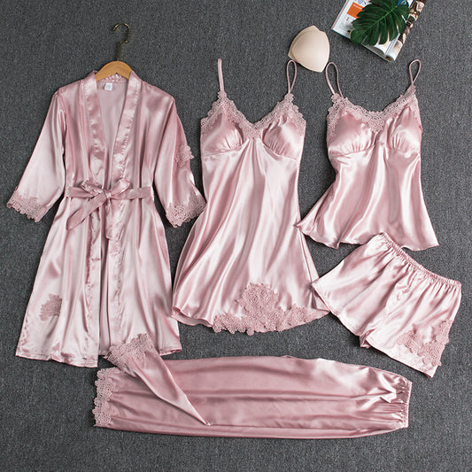 Silk-Blend Thin Strap Pajama Set with Bra Cup for Women - 5 Piece Set