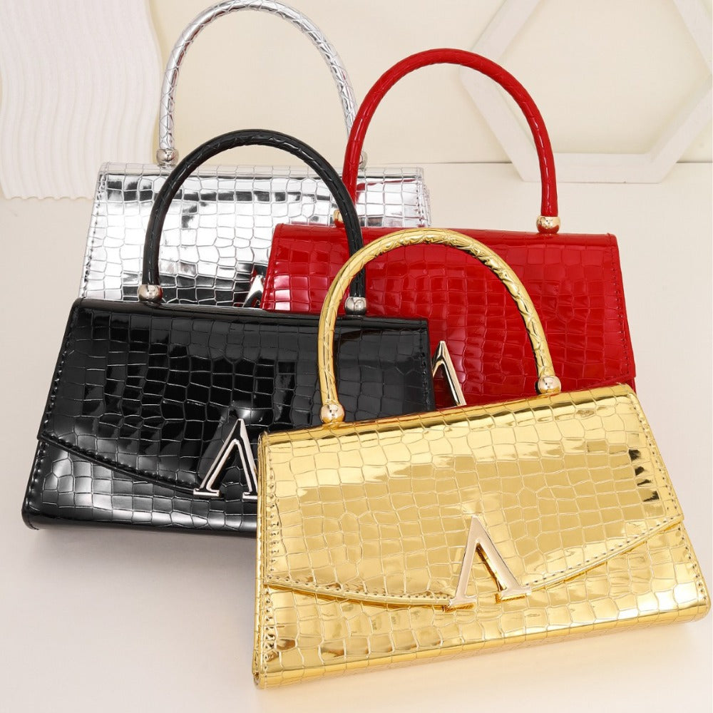 Gold/Red/Silver/Black Alligator Leather Textured Aristocratic Ladies Handbag