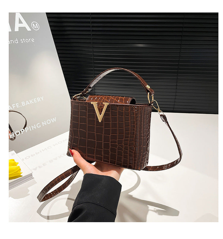 Stone-patterned Hand-held Fashionable Single-shoulder Retro Crossbody Trendy Ladies' Bucket Bag